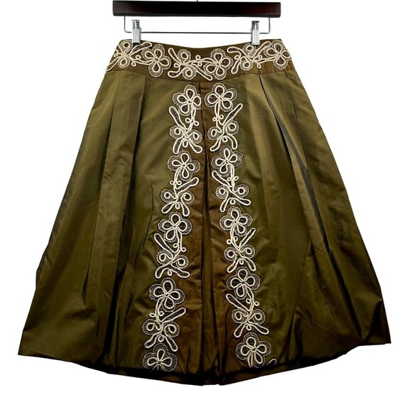 Anthropologie ODILLE Olive Green Preppy Indie Embroidered A-Line Skirt Sz 4 - Picture 2 of 7
